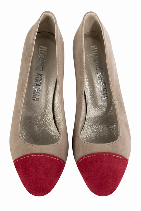Cardinal red and biscuit beige women's dress pumps, with a round neckline. Round toe. Very high slim heel. Top view - Florence KOOIJMAN